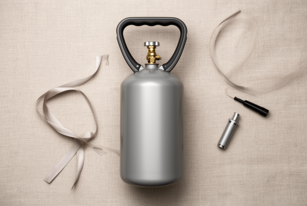 Petit cylindre d’hélium portable en flat lay sur tissu neutre